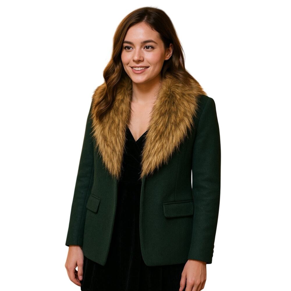 Tobi Wool Blend Faux Fur Collar Coat Forest Green Women M - Picture 2 of 15